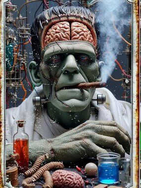 FRankenstein in Hospital Bed 8 x 12 metal Tin Sign Monster Art has two holes for